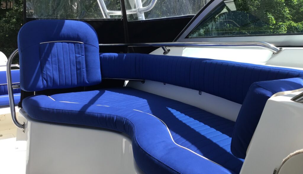 Looking good with beautiful custom exterior cushions on a Boston Whaler by Kate's Custom Sewing